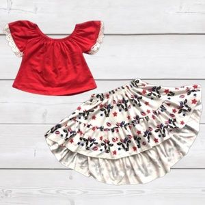 Red lace trim top with co hi-lo skirt